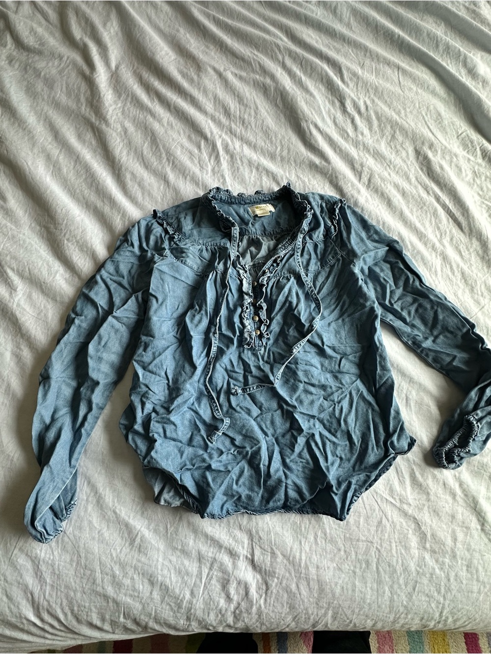 Anthropologie Maeve Chambray Ruffle Tie-Neck Top